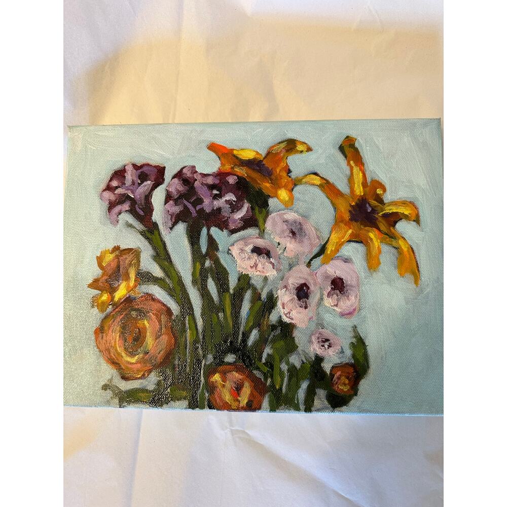 OOAK Original Oil Painting Colorful Happy Bouquet On Gallery Wrapped Canvas